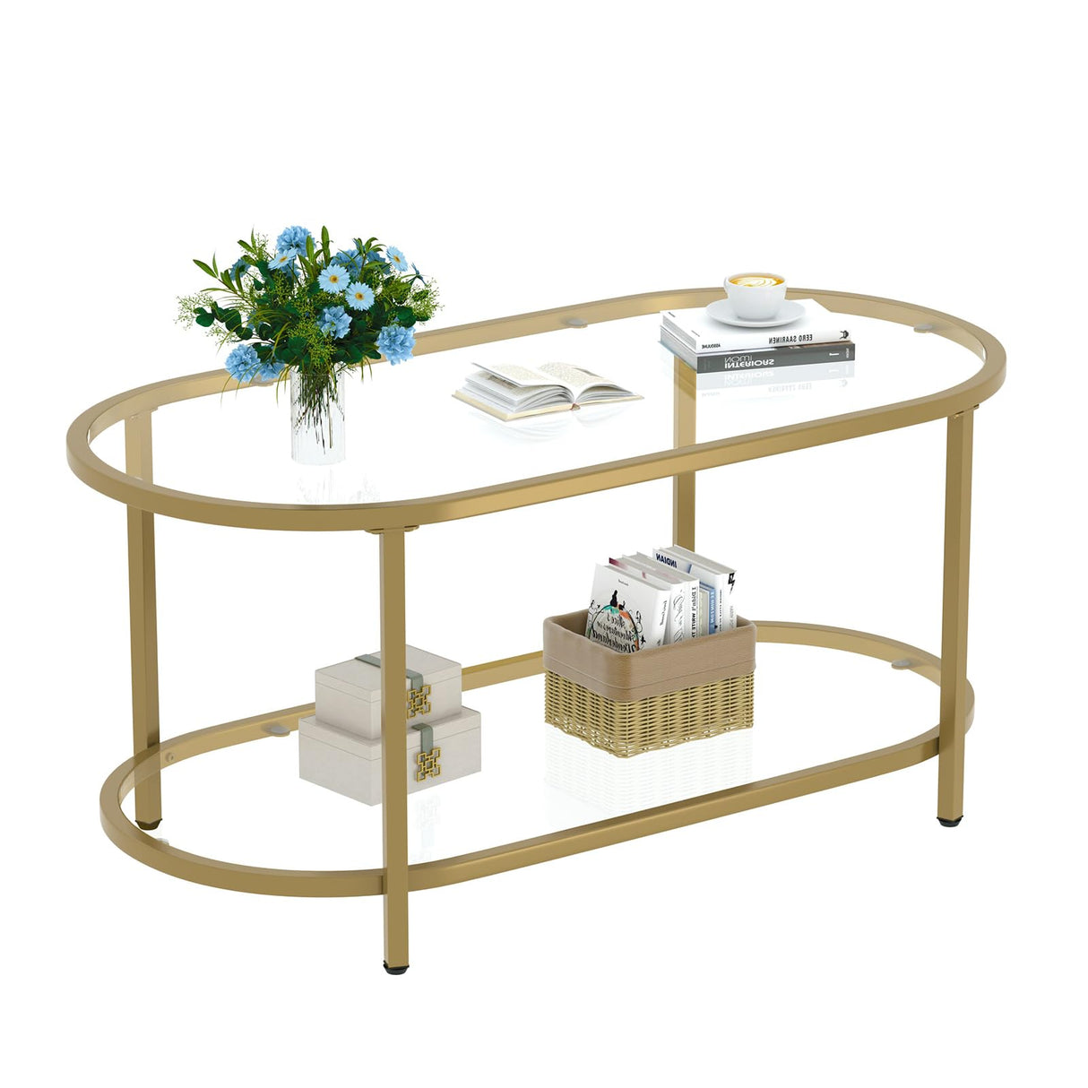 Wolawu Coffee Table Gold Oval Glass Table for Living Room,2 Tiers Oval Center Table with Sturdy Metal Frame, Modern Tempered Glass Tables for Bedroom Living Room Home Office Wolawu