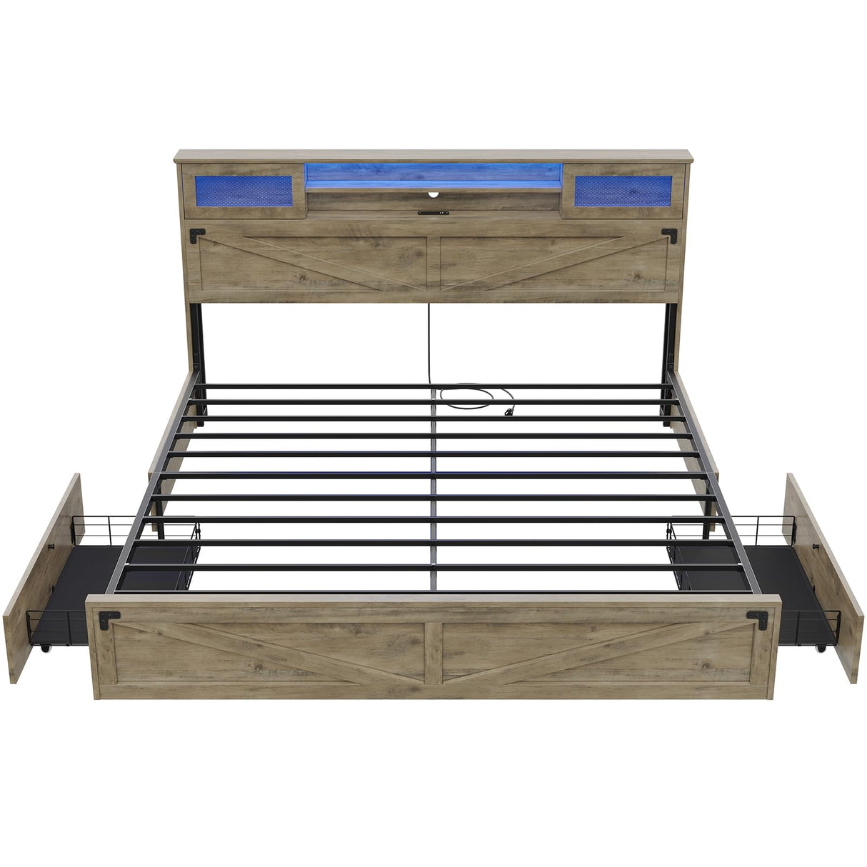 Hasuit Rustic Brown King Size Farmhouse Bed Frame with Bookcase Headboard, LED Lights, and Built-in Charging Station Hasuit