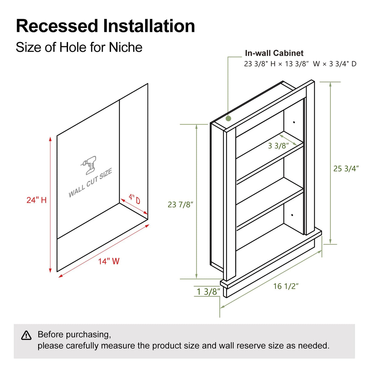 Mepplzian Recessed Medicine Cabinet,14x24 in Wall Bathroom Cabinet with Storage,Bathroom Niche for Shower Wall for Bedroom/Hallway,Black Shower Wall Niche Insert for Drywall,MDF Mepplzian