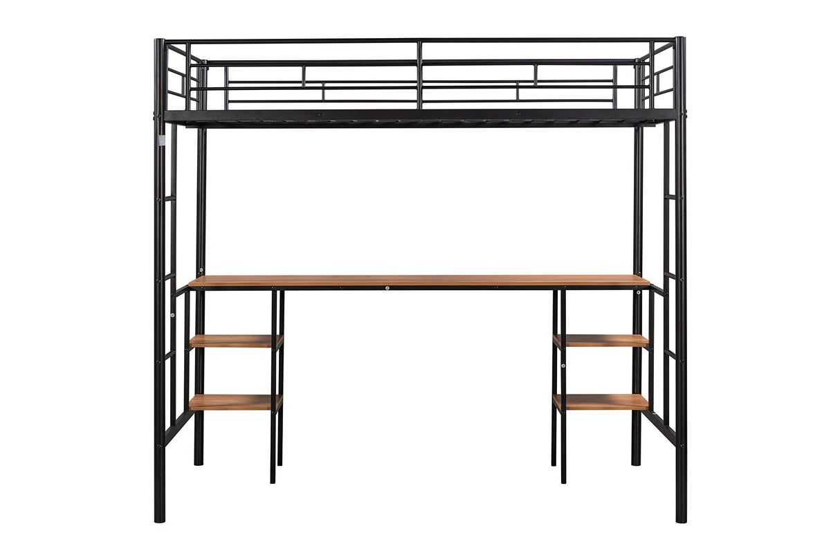 LINKHOO Twin Size Loft Bed with Table & Shelves, Heavy-Duty Metal Bed Frame with 2 Side Ladders, Safety Guardrail for Guest Room, Bedroom, No Box Spring Needed, Black LINKHOO