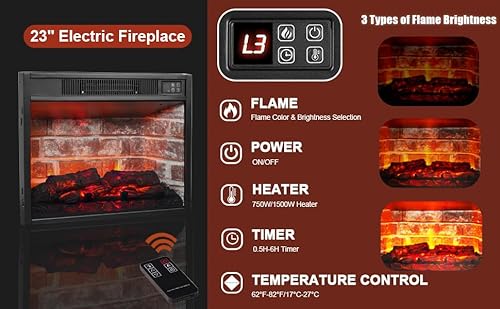 44Inch Electric Fireplace with Mantel, White Fireplace Heater with LED Flame, Corner Firebox with 23" Red Brick Firep lace Insert for Bedroom,Living Room BOSHIRO