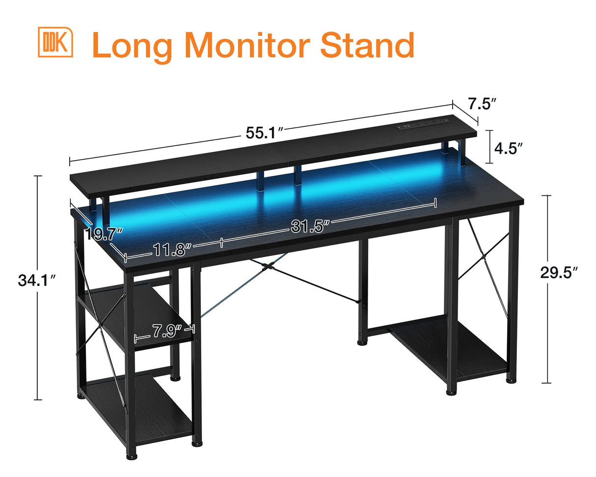 ODK 55 inch Gaming Desk with LED Lights & Power Outlets, Computer Desk with Monitor Stand & Storage Sheves, CPU Stand, Home Office Desk, Black ODK