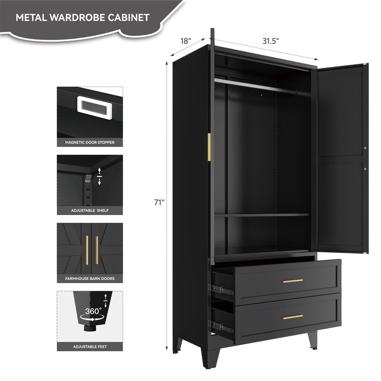 Black Metal Wardrobe Cabinet for Bedroom, 71" Freestanding Closet System with Drawers and Shelves, Hanging Rod Clothing Organizer with Two Doors, Farmhouse Steel Wardrobe Bedroom Armoires Bevivog