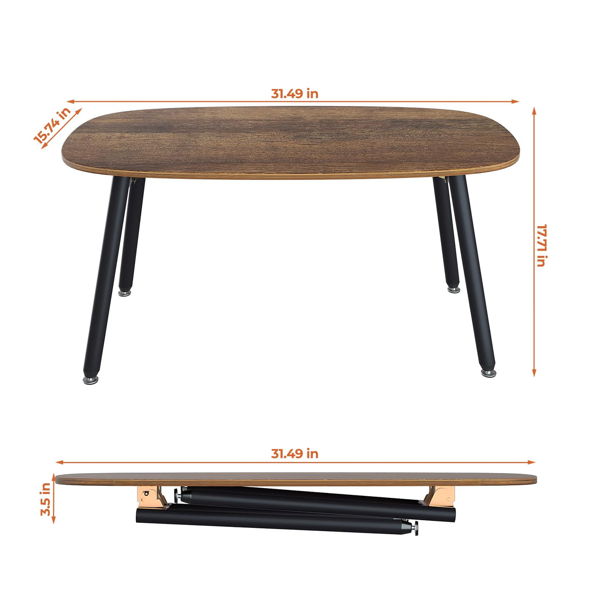 WOHOMO Folding Coffee Table Rustic Small Coffee Tables for Living Room Farmhouse Portable Table for Small Spaces Rectangular Mid Century Coffee Table, No Assembly 31.5 * 15.7 * 17.7IN, Walnut WOHOMO