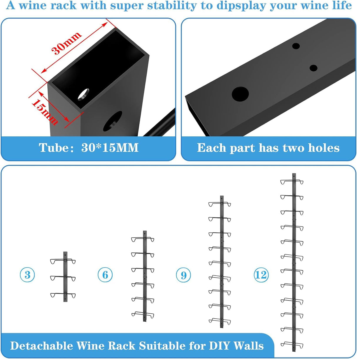 2 Pack 12 Bottle Wall Wine Rack for 24 Wine Bottles, DIY Detachable Wall Mount Wine Rack, Wine Storage Organizer Display Holder Used As One or Four, for Kitchen, Dining Room, Bar, Wine Cellar Sonyabecca