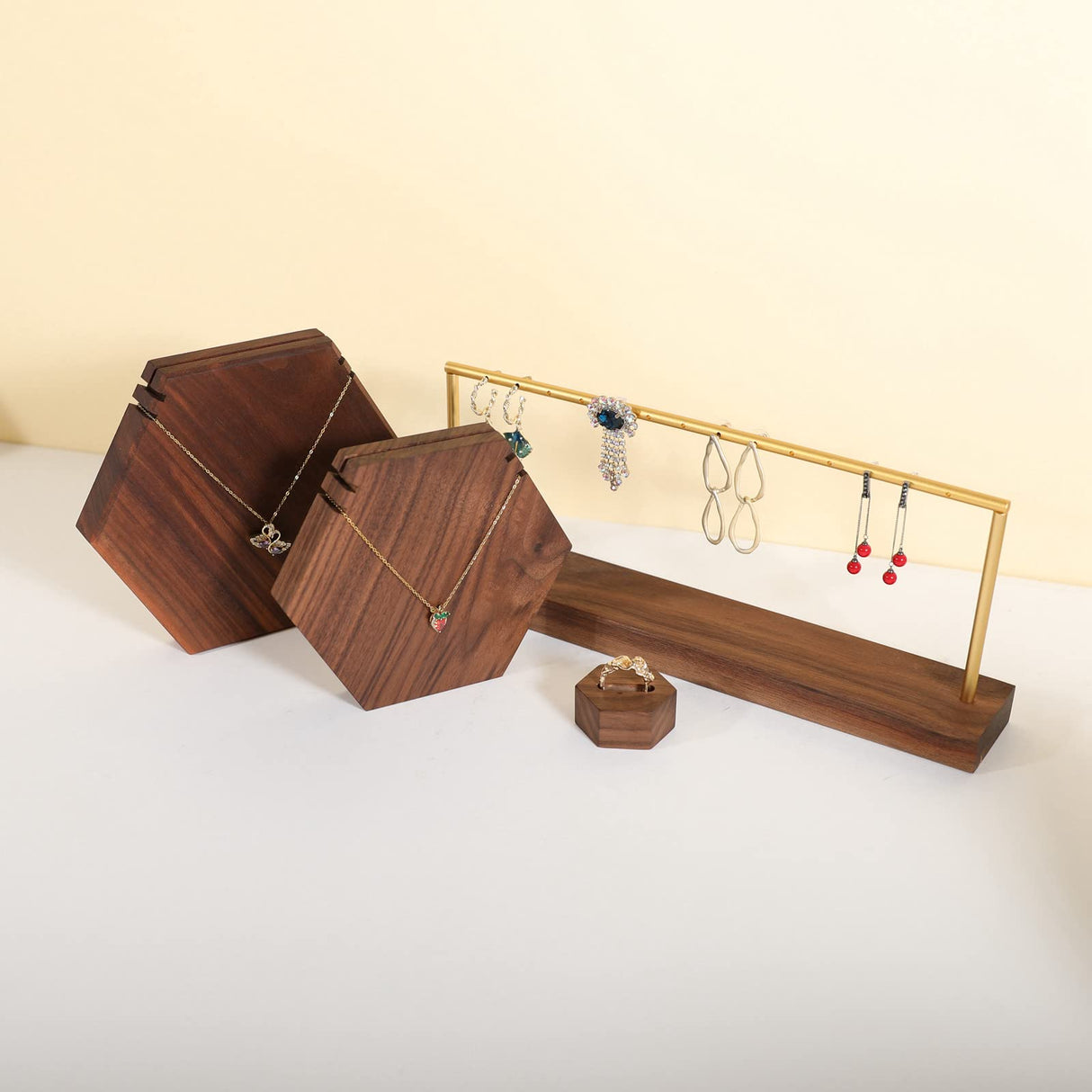 GemeShou wooden earring holder organizer for girls, walnut stud earring display stand for boutique store, jewelry storage organizer shelf【Walnut stand-One Tier】 GemeShou