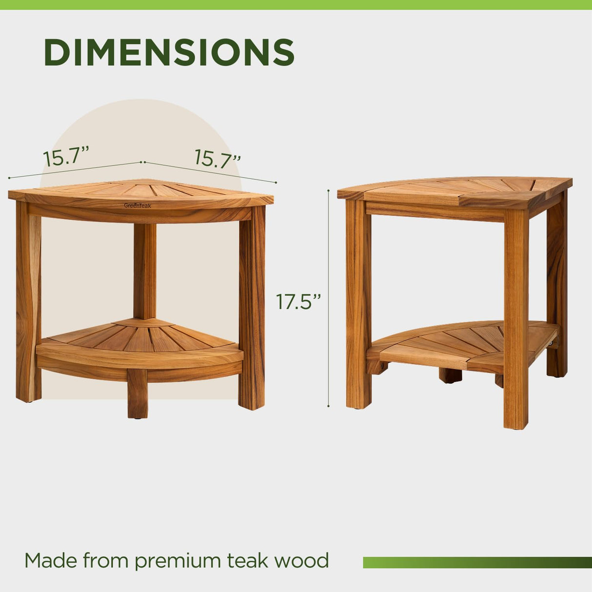 GREENTEAK Premium 15.7" Corner Shower Stool with Storage Shelf, Waterproof Teak Shower Stool for Shaving Legs and to Sit On, 2-Tier Shower Stool, Teak Shower Bench for Bathroom, 300 Lbs Capacity GREENTEAK