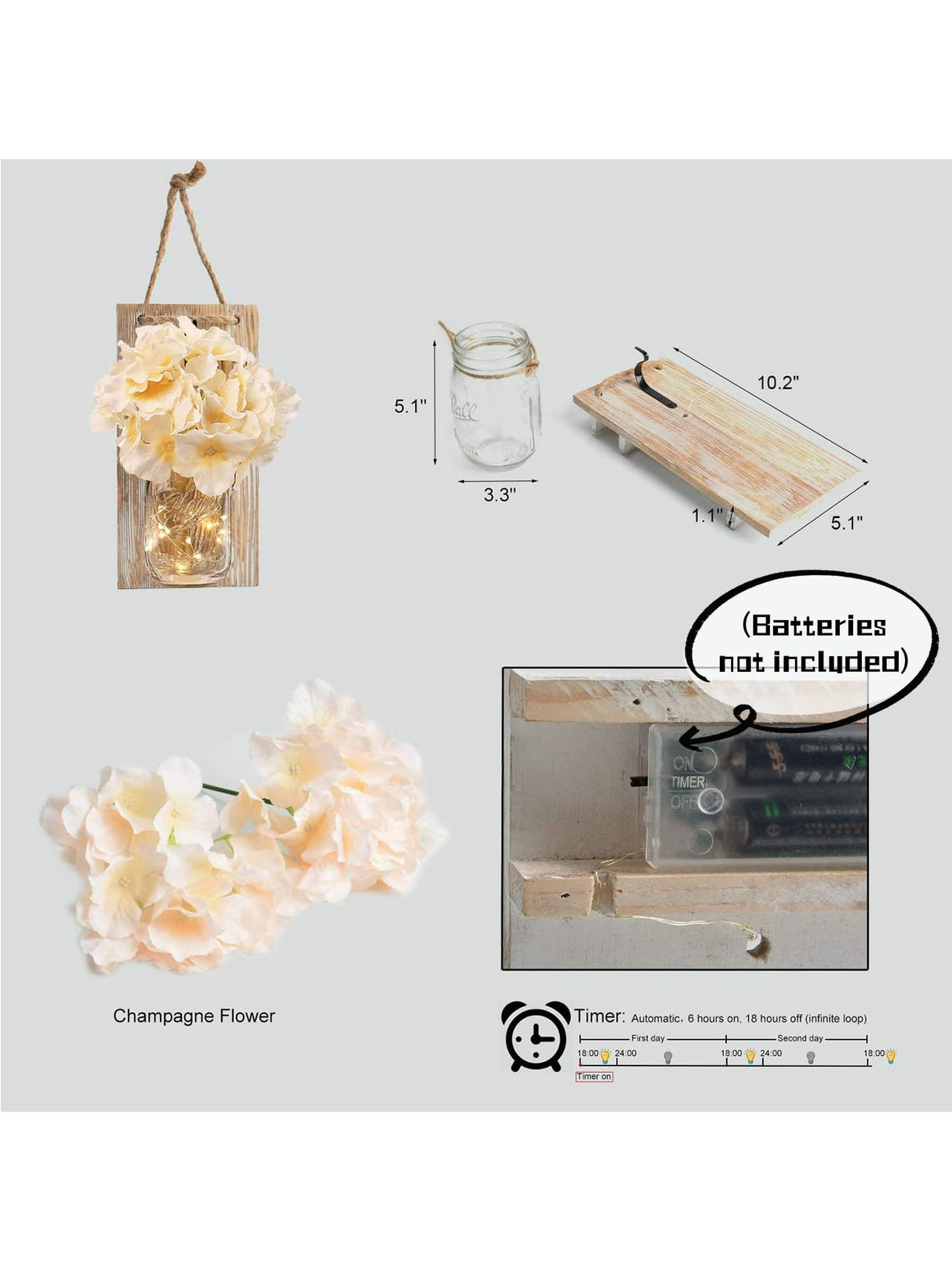 Mason Jar Wall Decor -Rustic with Hydrangea Flowers - Rustic Farmhouse Wall Sconces, 2 Pack, Easy Installation (Khaki Planks) Muasdae