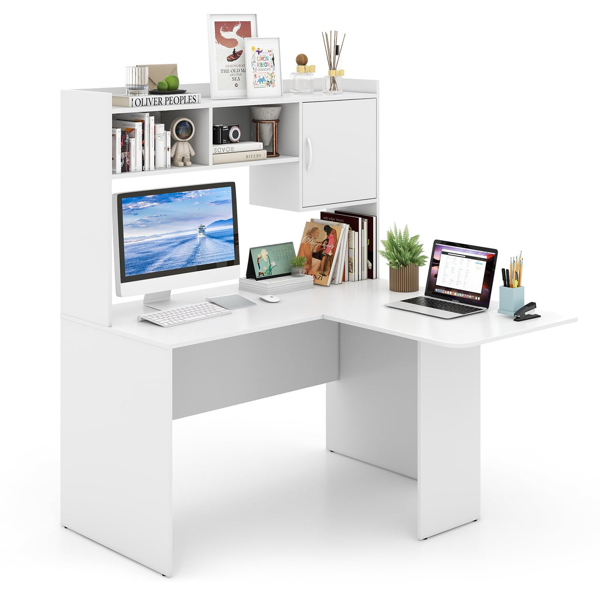 Giantex L Shaped Desk with Hutch, Corner Computer Desk with Storage Shelf & Cabinet, Laptop PC Table Gaming Desk Workstation, Modern Executive Study Writing Desk for Home Office, Bedroom, White Giantex