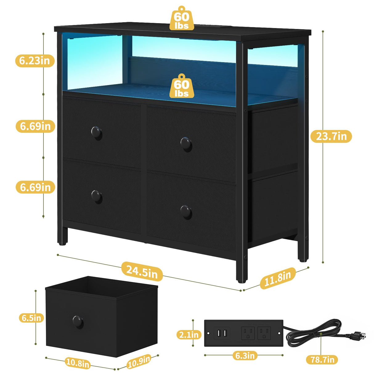 Yoobure Night Stand with Charge Station, Nightstand with 4 Drawers Bedside Table, LED Dresser with Storage Shelf, Night Stands for Bedroom, Side Table 3-Tier Wood End Table for Home, Office Black Yoobure