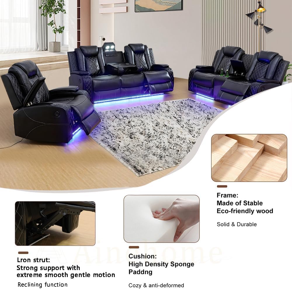 AYCP Multifunction Power Air Leather Recliner Sofa Set with LED Lights, Living Room Furniture, Reclining Sofa, loveseat, Chair with USB Port/Storage Console/Cup Holders (Black, 3 Pieces) AYCP
