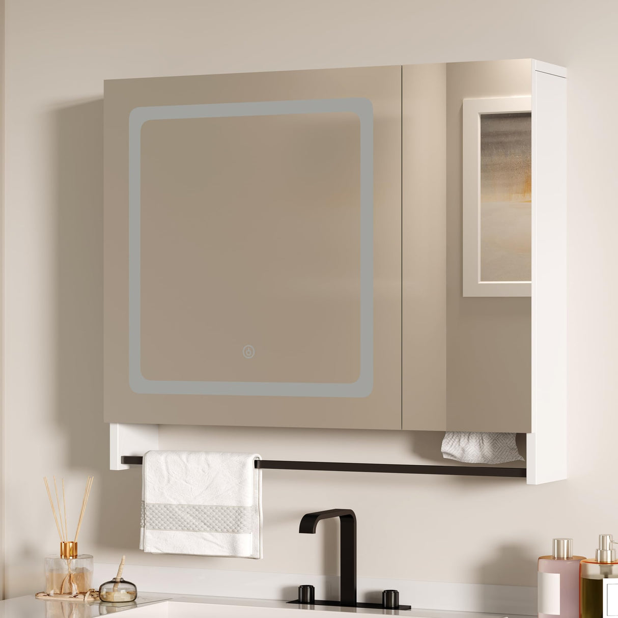 ChooChoo Lighted Bathroom Medicine Cabinet with Mirror, Wall-Mounted Bathroom Wall Cabinet with Mirror Doors, LED Lights, Adjustable Shelves, Towel Bar, White ChooChoo