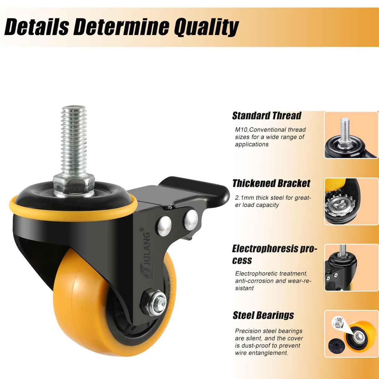 JULANG 2 inch Locking Caster Wheels,3/8'' Stem Castors (3/8" -16 x 1),Threaded Stem Casters,Swivel Casters Set of 4 Heavy Duty for Furniture,Carts,Clothes Racks,Cafeteria Mobile Shelves. Julang