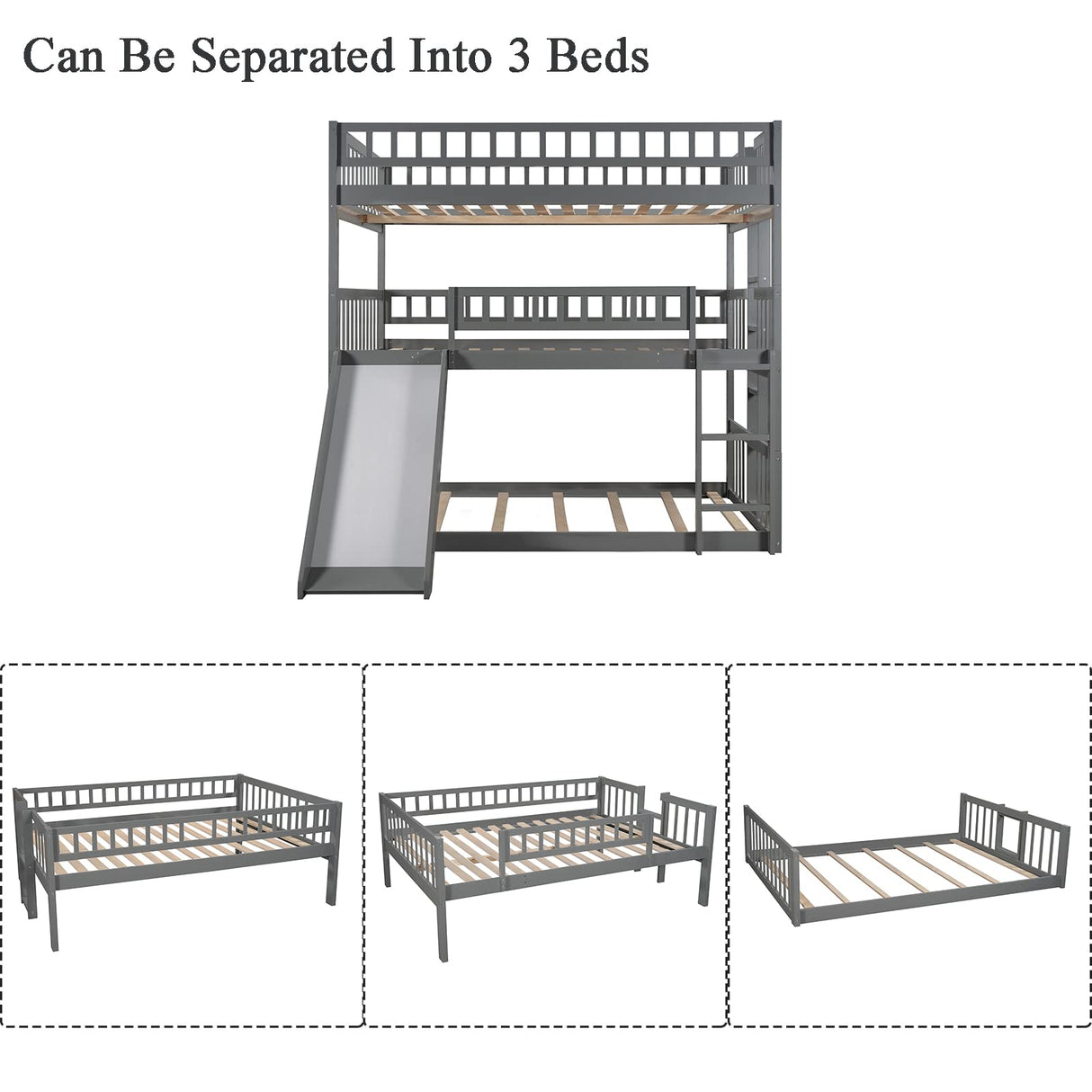 Triple Bunk Bed with Slide, Full Over Full Over Full Bunk Bed Convertible Triple Beds for Kids/Teens/Adults, Gray Bellemave