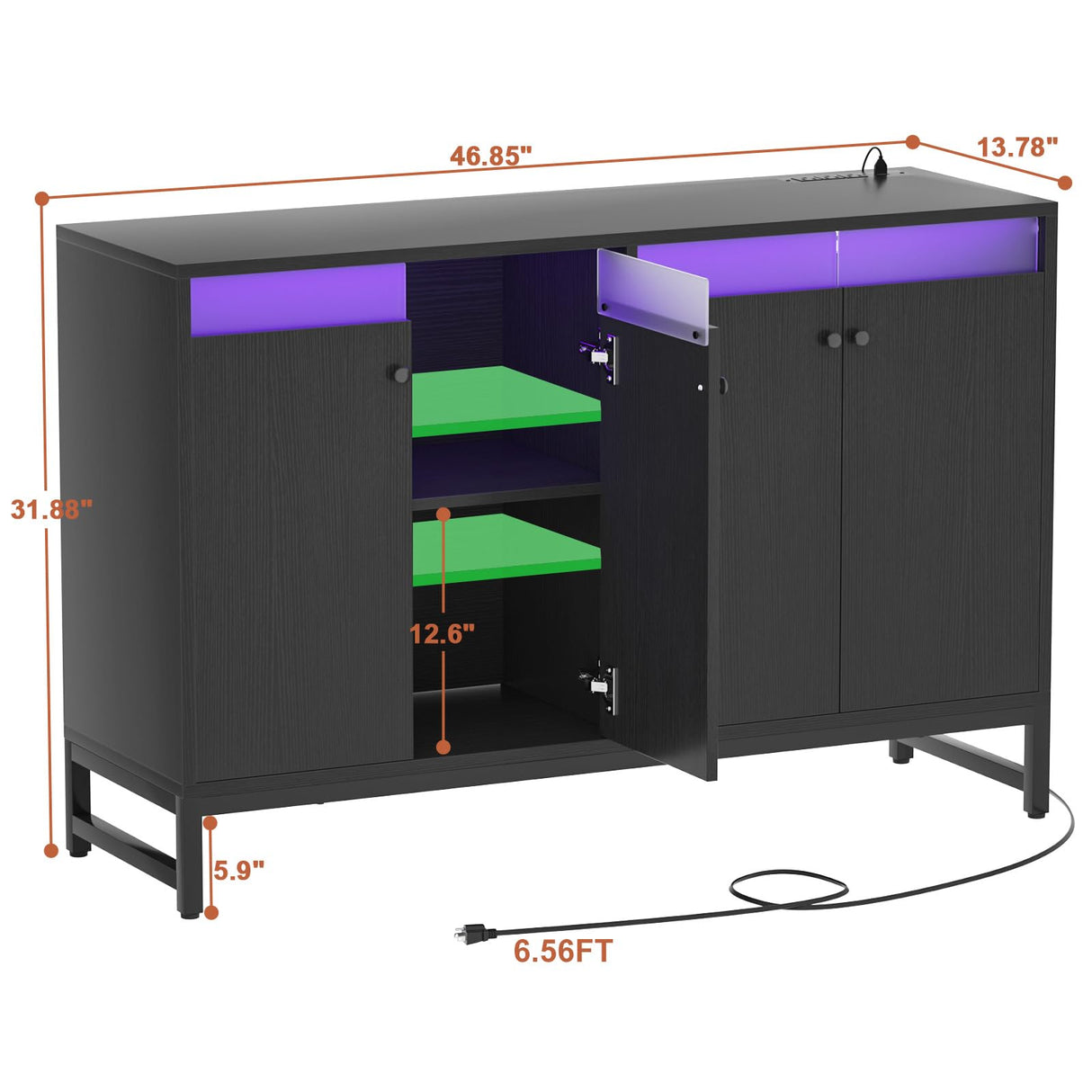 Aheaplus Sideboard Buffet Cabinet with Power Outlet, Kitchen Storage Cabinet with LED Light & Doors, Accent Cabinet Cupboard Buffet Table with Storage for Dining Room, Living Room, Hallway, Black Aheaplus