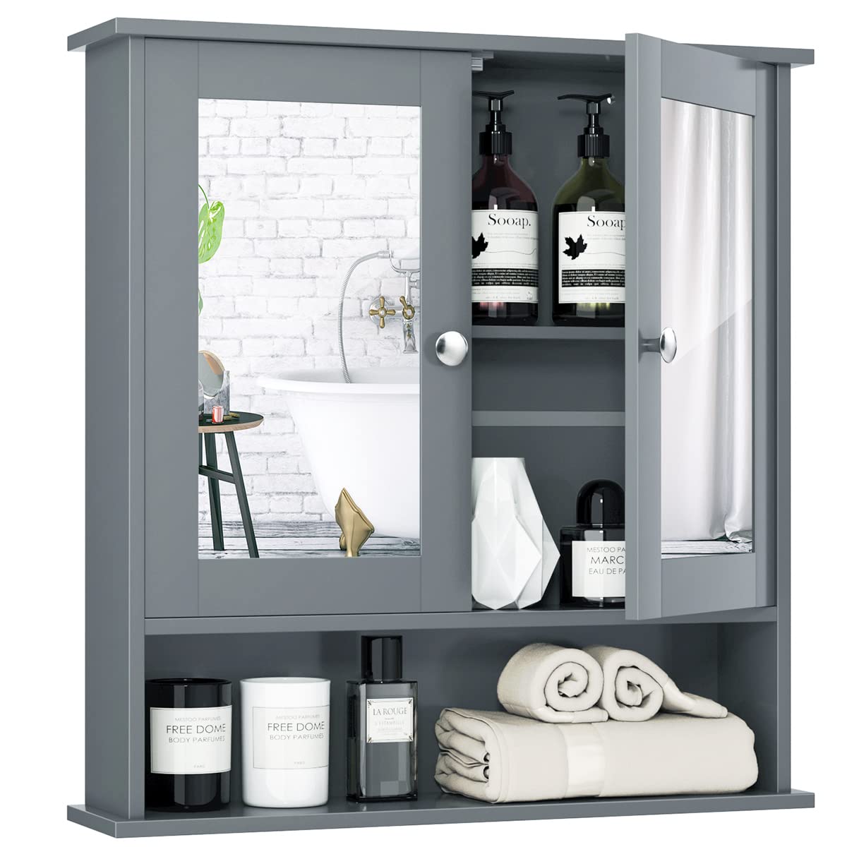 Tangkula Bathroom Medicine Cabinet with Mirror, Wall Mounted Wooden Hanging Organizer with Doors and Shelves, Bathroom Wall Mirror Cabinet (Mirror Doors, Gray) Tangkula