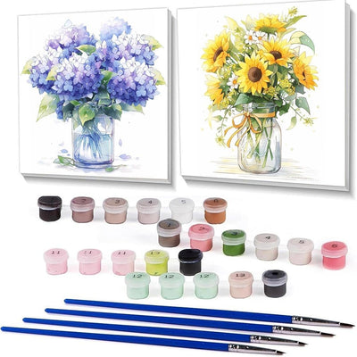 2 Packs Framed Flower Paint by Numbers Kit for Adults, Easy Acrylic Paint by Numbers on Canvas with Paints and Brushes, Small Flowers Arts and Crafts Kits for Home Wall Decor(8 * 8inch)