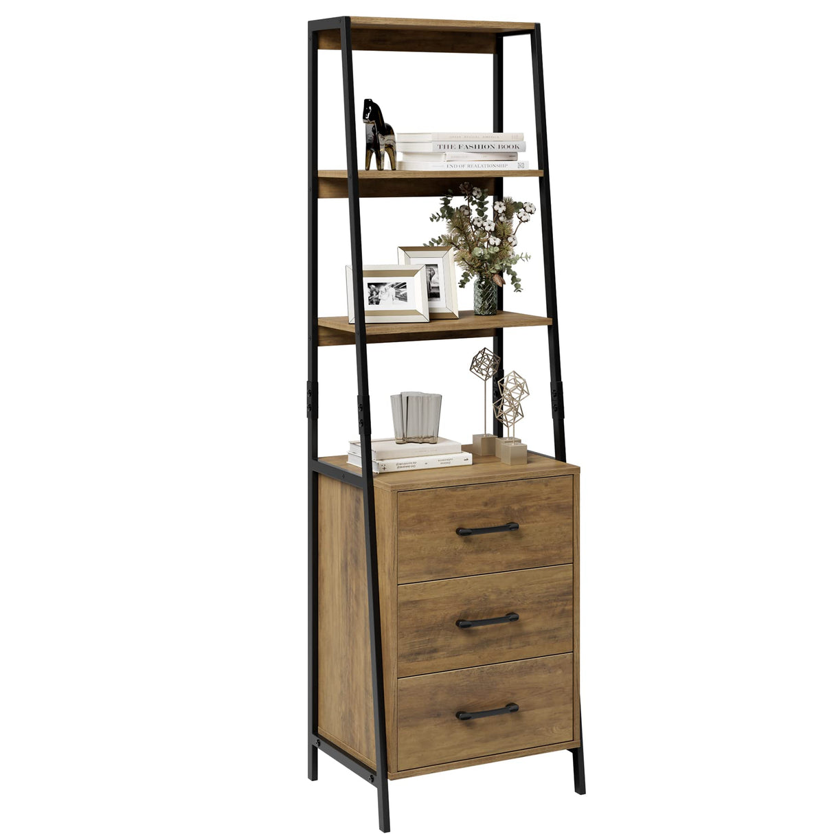 HITHOS 4-Tier Rustic Brown Ladder Bookshelf with 3 Wooden Drawers HITHOS