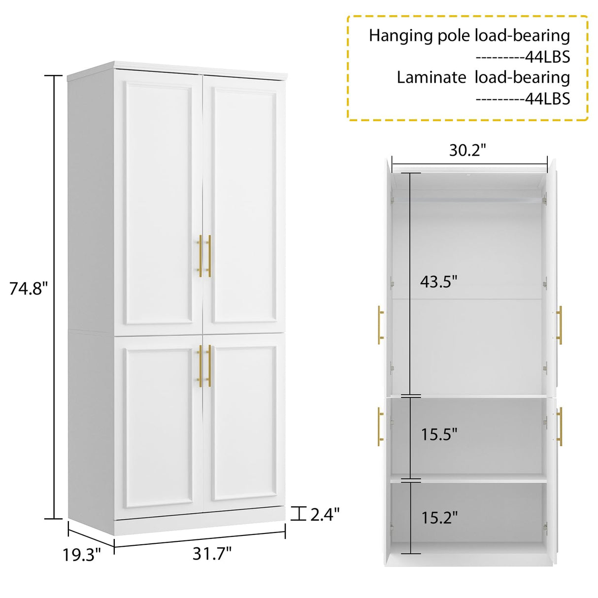 ECACAD White Wardrobe Armoire with 4 Doors, 3-Tier Shelves & Hanging Rod, Wooden Closet Storage Cabinet for Bedroom (30.2”W x 19.3”D x 74.8”H) ECACAD
