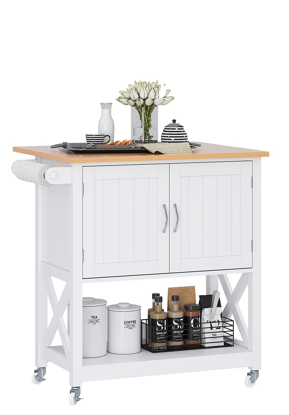 Spirich Kitchen Island on Wheels, Rolling Kitchen Cart with Storage Cabinet, Small Kitchen Island with Drop Leaf and Towel Rack for Dining Room, White Spirich