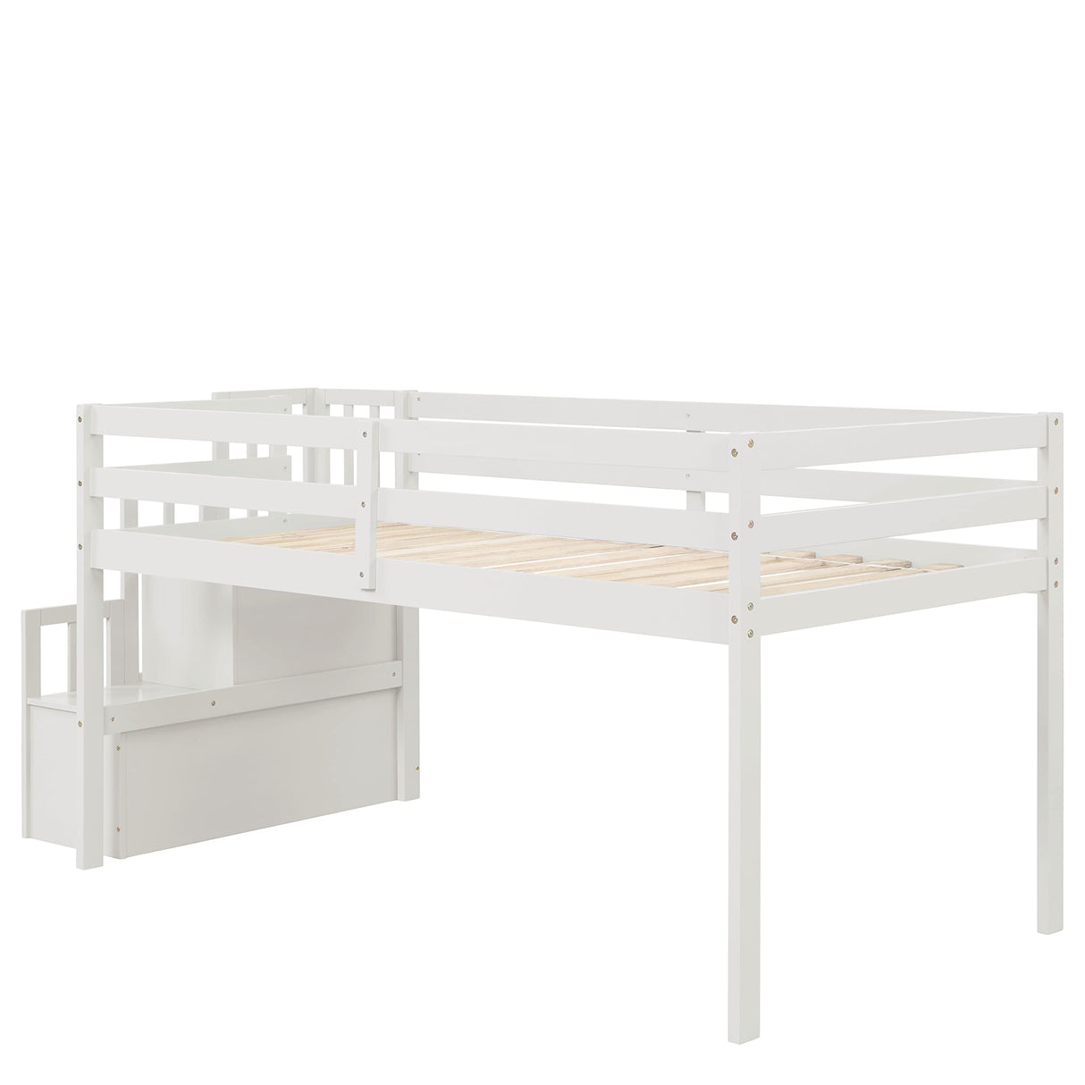 CITYLIGHT Twin Low Loft Bed with Staircase and Storage, White Wood Frame for Kids CITYLIGHT