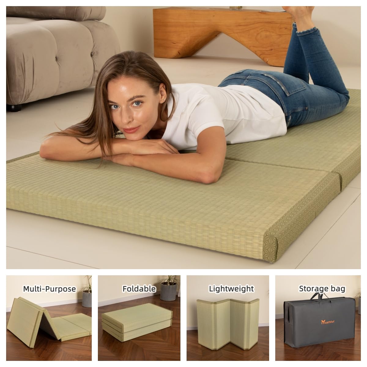 MustMat Tatami Mat Thick Japanese Floor Mattress Rush Grass Tatami Bed Twin 35.4" x 78.7" x 1.8" MustMat