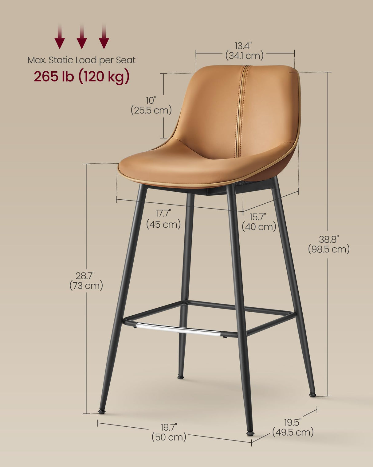 VASAGLE Bar Stools Set of 2, Bar Height Bar Stools with Back, Ergonomic Backrest, Synthetic Leather, Metal Legs, 28.7-Inch Tall Stools for Kitchen Island Home Bar, Caramel Brown ULBC888K01 VASAGLE