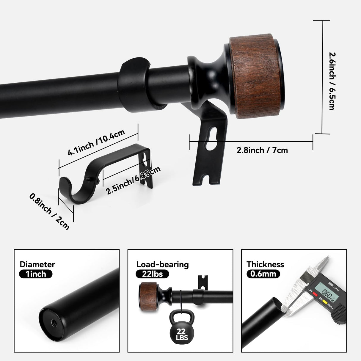 LOPTG Curtain Rods for Windows 38 to 112 Inch, 1 Inch Diameter Modern Adjustable Decorative Drapery Rods, Window Curtain Rod with Imitation Wood Grain Finials, Black, Size:36"-120" LOPTG