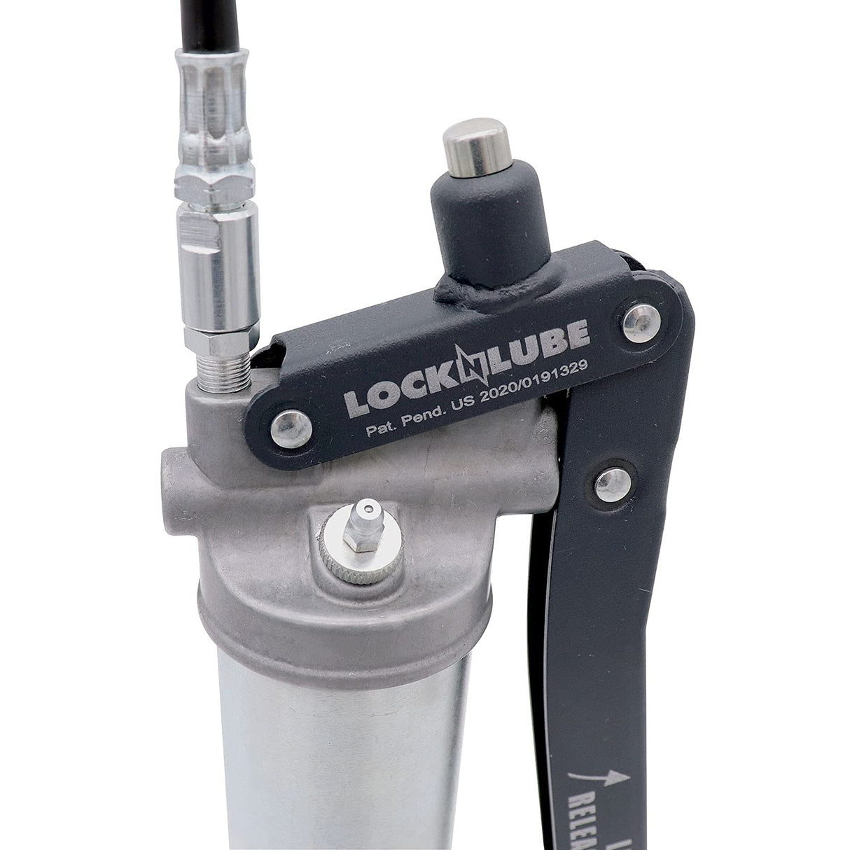 LockNLube Professional Series Lever Grease Gun. Includes Our Patented Grease Coupler (Locks on, Stays on, Won't Leak!) Plus a 20" Hose and in-line Hose Swivel. LockNLube