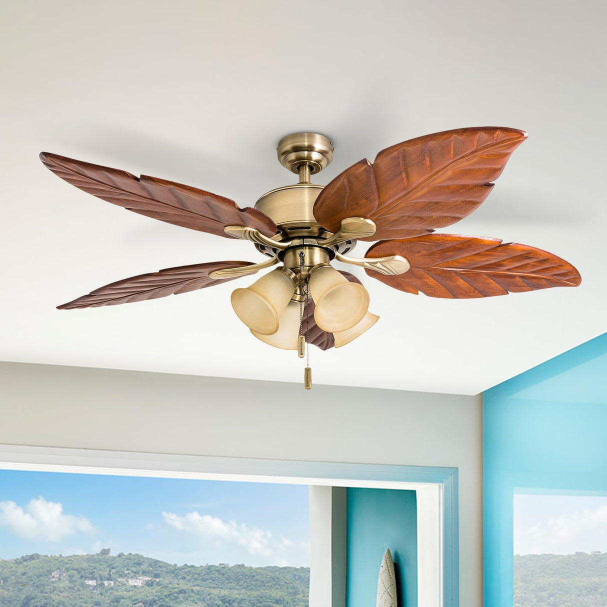 Honeywell Ceiling Fans Royal Palm, 52 Inch Tropical LED Ceiling Fan with Light, Pull Chain, Three Mounting Options, Hand Carved Solid Wood Blades - Model 50504-01 (Aged Brass) Honeywell Ceiling Fans