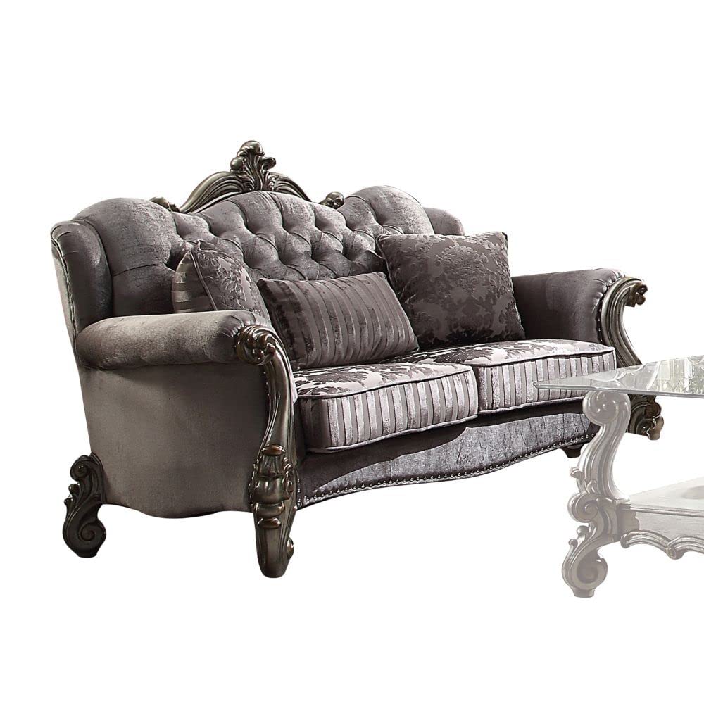 Acme Versailles Loveseat w/3 Pillows, Velvet & Antique Platinum Acme