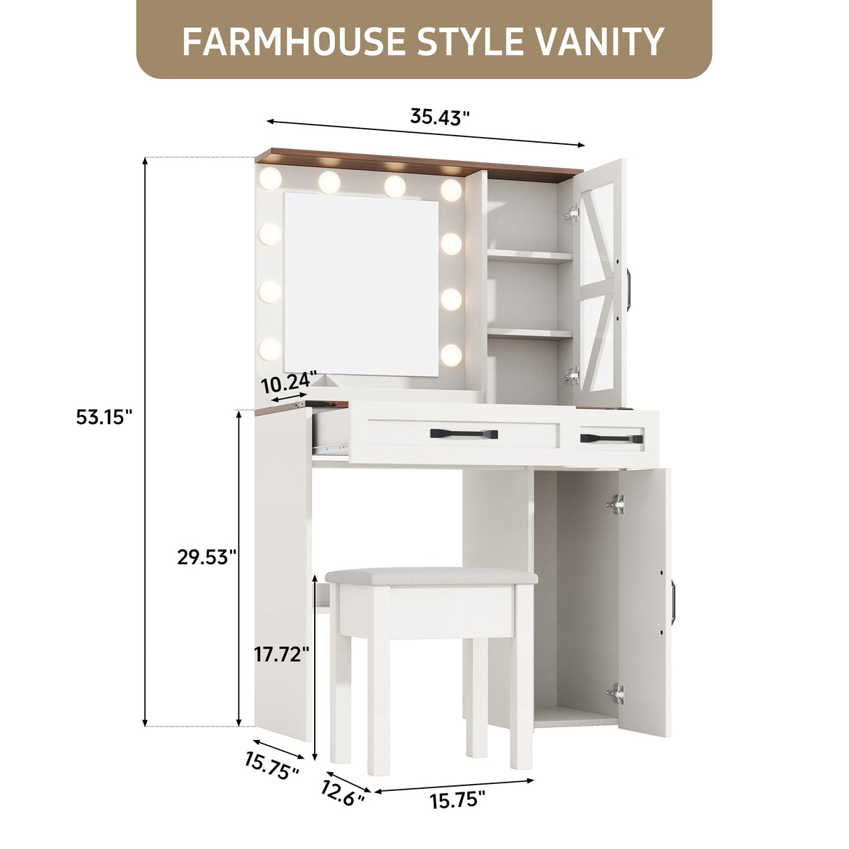 NEDYO Vanity with Mirror and Lights, Farmhouse Vanity Desk, Makeup Vanity Table Set, Small Wood Vanity with Chair, Vintage Large Light Bulbs Dimmable Mirror, Shelves and Drawers. White NEDYO