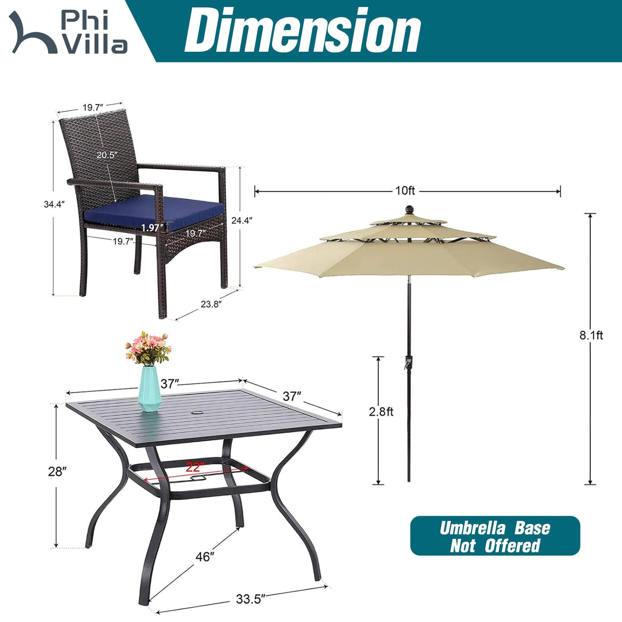 PHI VILLA 5 Piece Outdoor Dining Set with Umbrella, 37" Square Metal Dining Table & 4 Cushioned Wicker Rattan Chairs with 10ft Beige Umbrella for Patio, Deck, Yard, Porch PHI VILLA