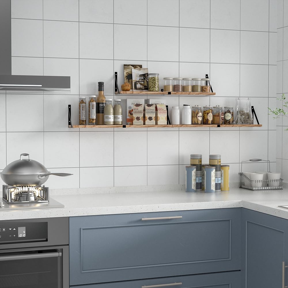 Floating Book Shelves Set of 3, Wall Bookshelf, 33 inch Long Wood Shelf for Wall Storage, Hanging Shelving for Bedroom, Bathroom, Living Room, Kitchen, Office and Plants (Carbonized Black) Senyh