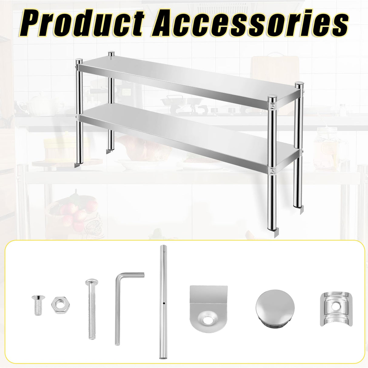 Yaocom 12" x 48" Stainless Steel Double Deck Overshelf for Prep Table Heavy Duty Commercial 2 Tier Shelf for Work Table in Restaurant Bar Kitchen Garage Home Hotel Yaocom