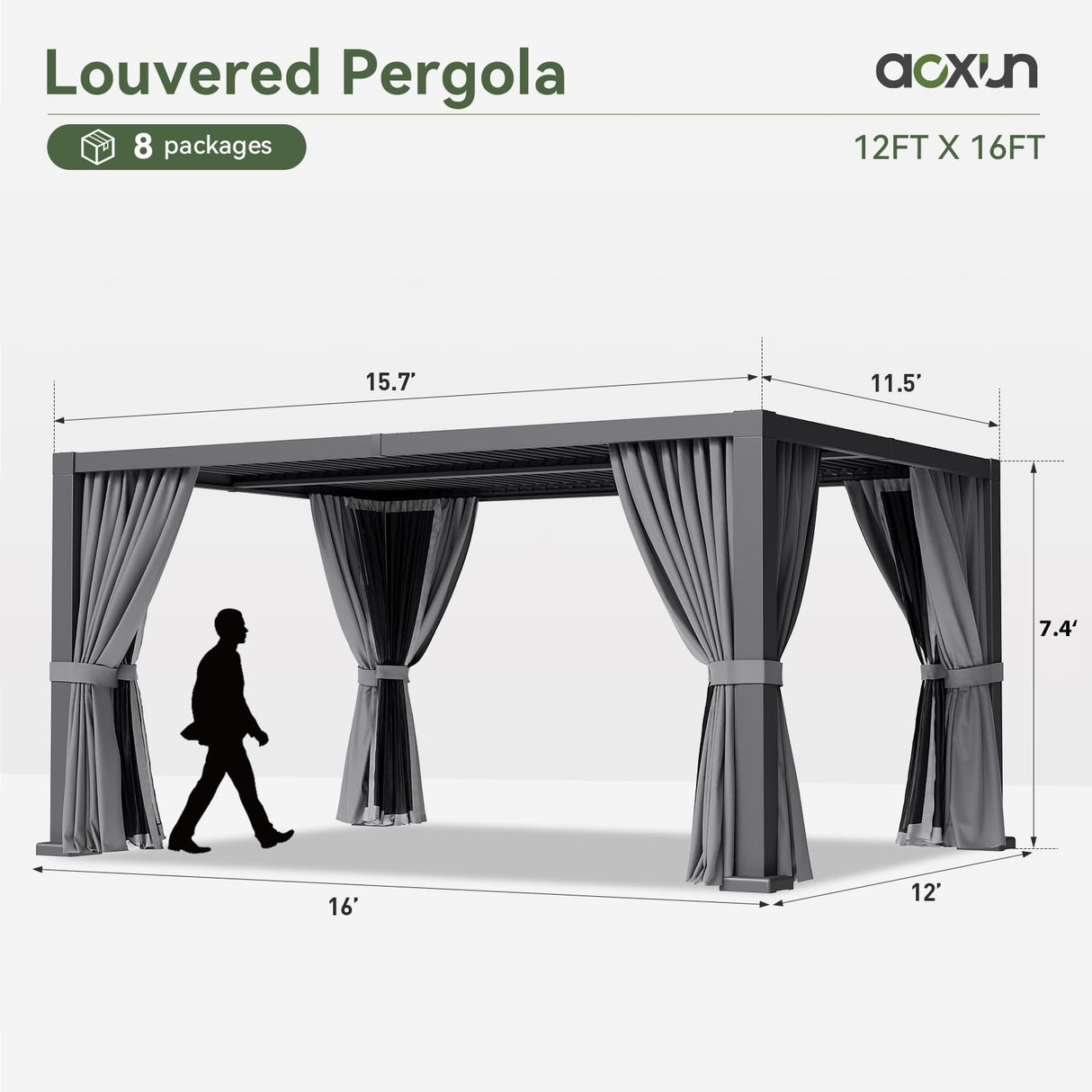 Aoxun Louvered Pergola 12' x 16' Outdoor Aluminum Pergola with Adjustable Top for Decks, Gardens and Backyards, Gray Aoxun