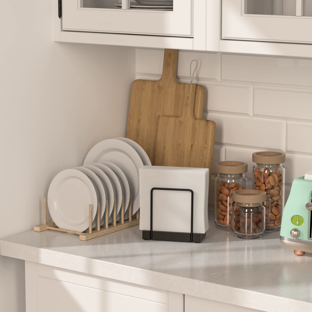 Wican Napkin Holder for Table, Bamboo Iron Standing Napkin Dispenser for Kitchen Dining Farmhouse Cocktail Picnic Bar Rustic Wood Holders for Paper Mail Bills Suitable for All Dining Room Decors Black Wican