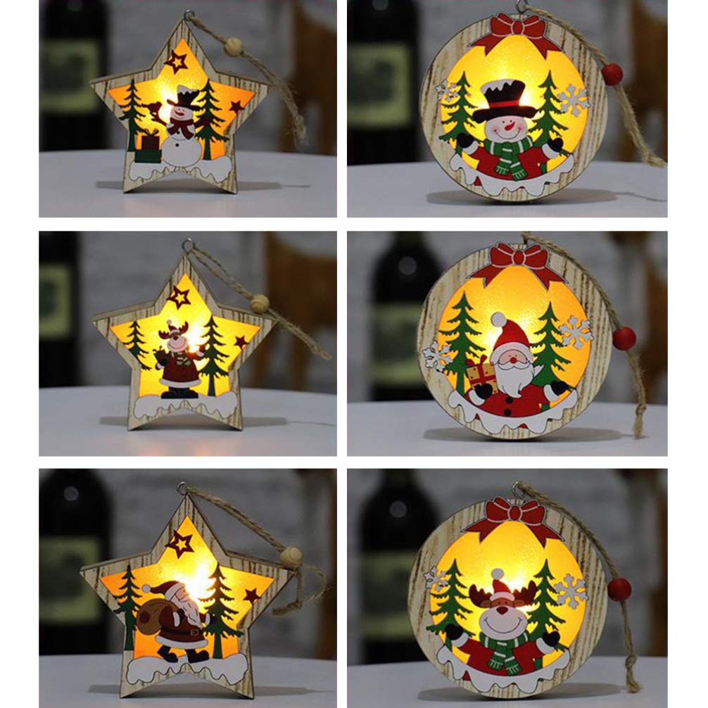 Amosfun 3pcs LED Light Up Christmas Wooden Ornaments Wood Round Shapes with Reindeer Snowman Santa Claus Pattern Hanging Christmas Tree Decoration Christmas Night Lights Amosfun