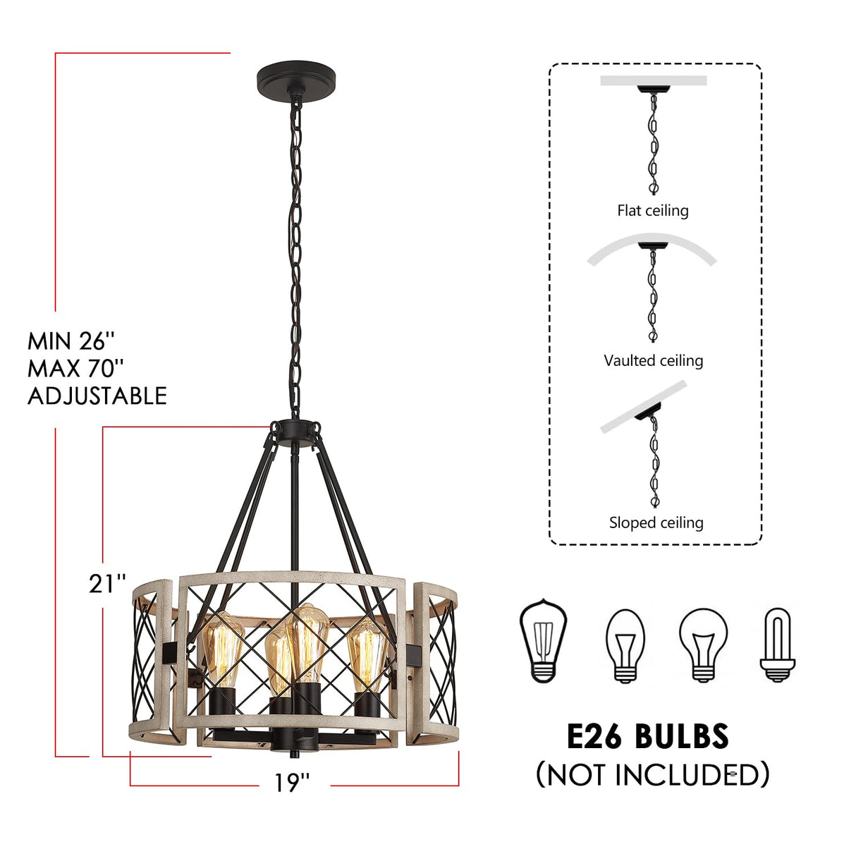 SANTOSTOCK D19'' Farmhouse Chandelier, 4-Light Adjustable Dining Room Light Fixture Kitchen Island Lighting, Rustic Hanging Lights for Entryway Foyer Bedroom Living Room, Black & White Oak SANTOSTOCK