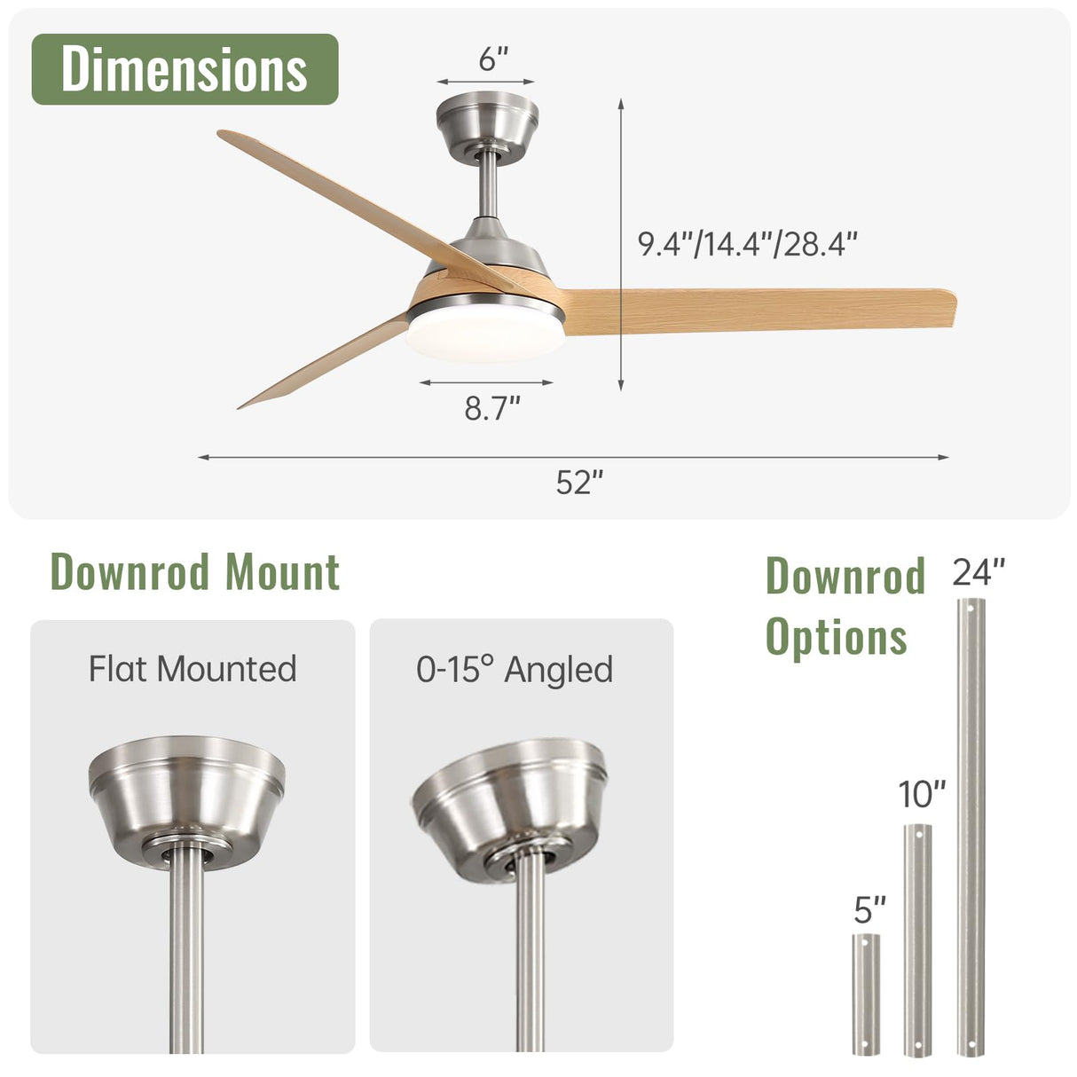 Sofucor 52 Inch Ceiling Fans with Lights and Remote, Modern Flush Mount Low Profile Ceiling Fan for Bedroom Indoor Outdoor, Noiseless Reversible LED Ceiling Fans, Strong Airflow 7000CFM, 3 Blades Sofucor