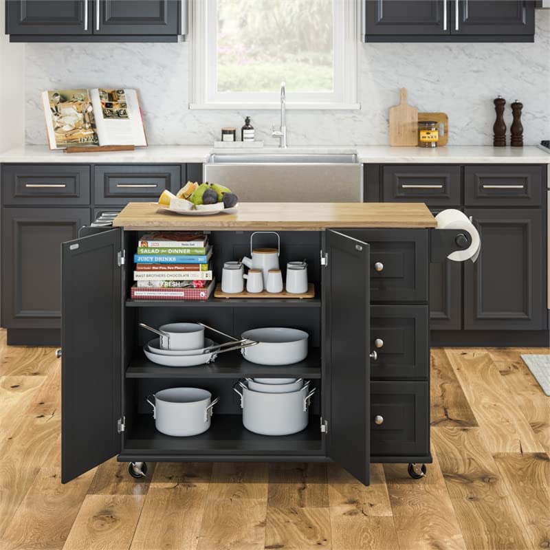 Pemberly Row Mobile Kitchen Island Cart w/Wood Drop Leaf Breakfast Bar in Black Pemberly Row