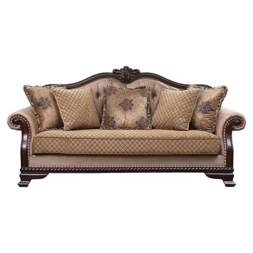 Acme Chateau De Ville Fabric Tufted Sofa with 5 Pillows in Espresso Acme