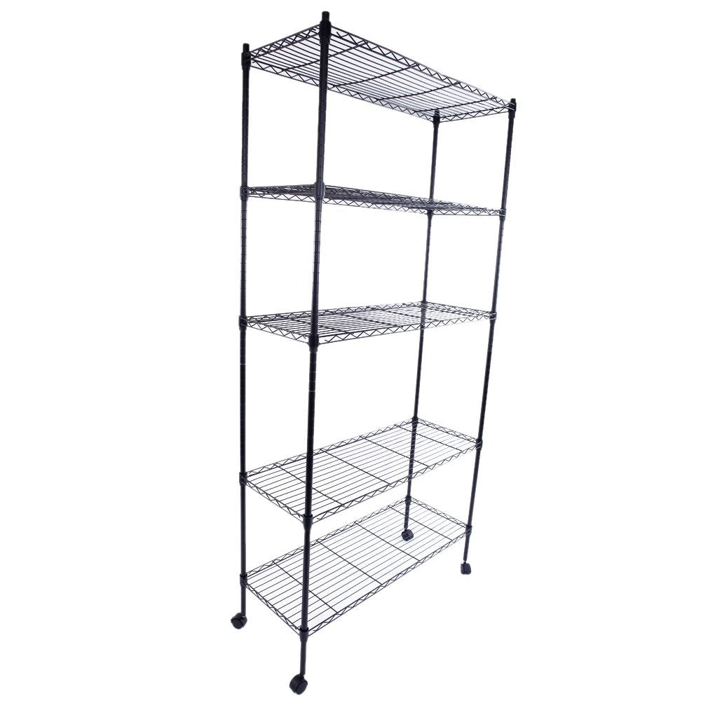 WISLAS 5 Tier Storage Racks Shelving, Heavy Steel Pantry Shelves, Adjustable Wire Shelving Rack with Wheels, Suitable for Garage, Kitchen, Bathroom, Office, 35" W x 14" D x 65" H, Black WISLAS