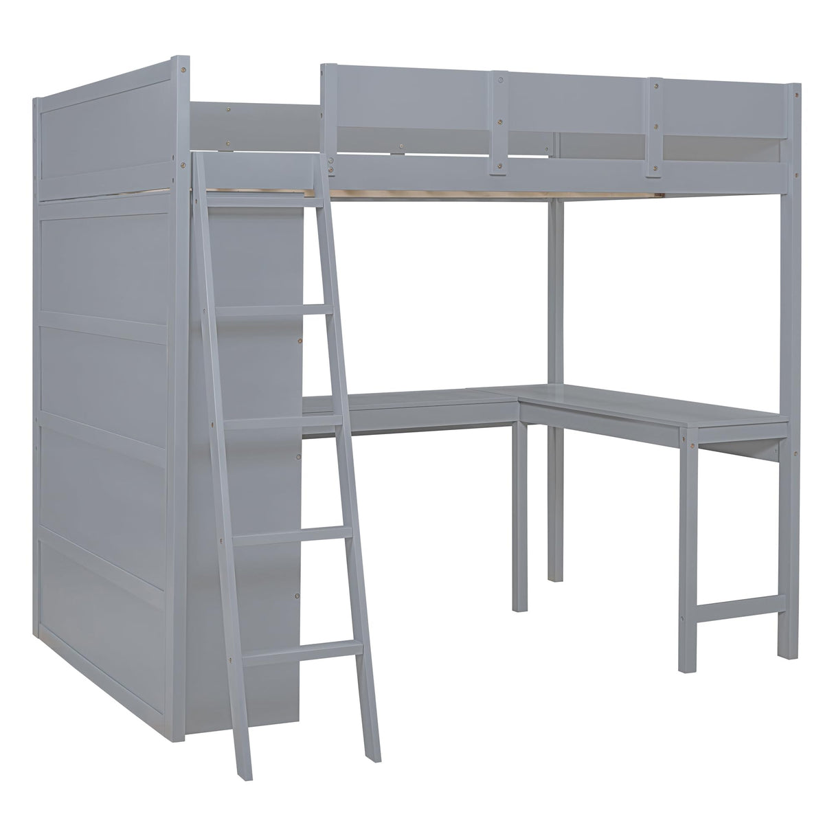 Ibraccieni Full Size Loft Bed with Desk and Shelves, Wood Loft Bed Frame with Ladders and Full-Length Guardrail for Adult, Space-Saving Design, No Box Spring Needed, Gray Ibraccieni