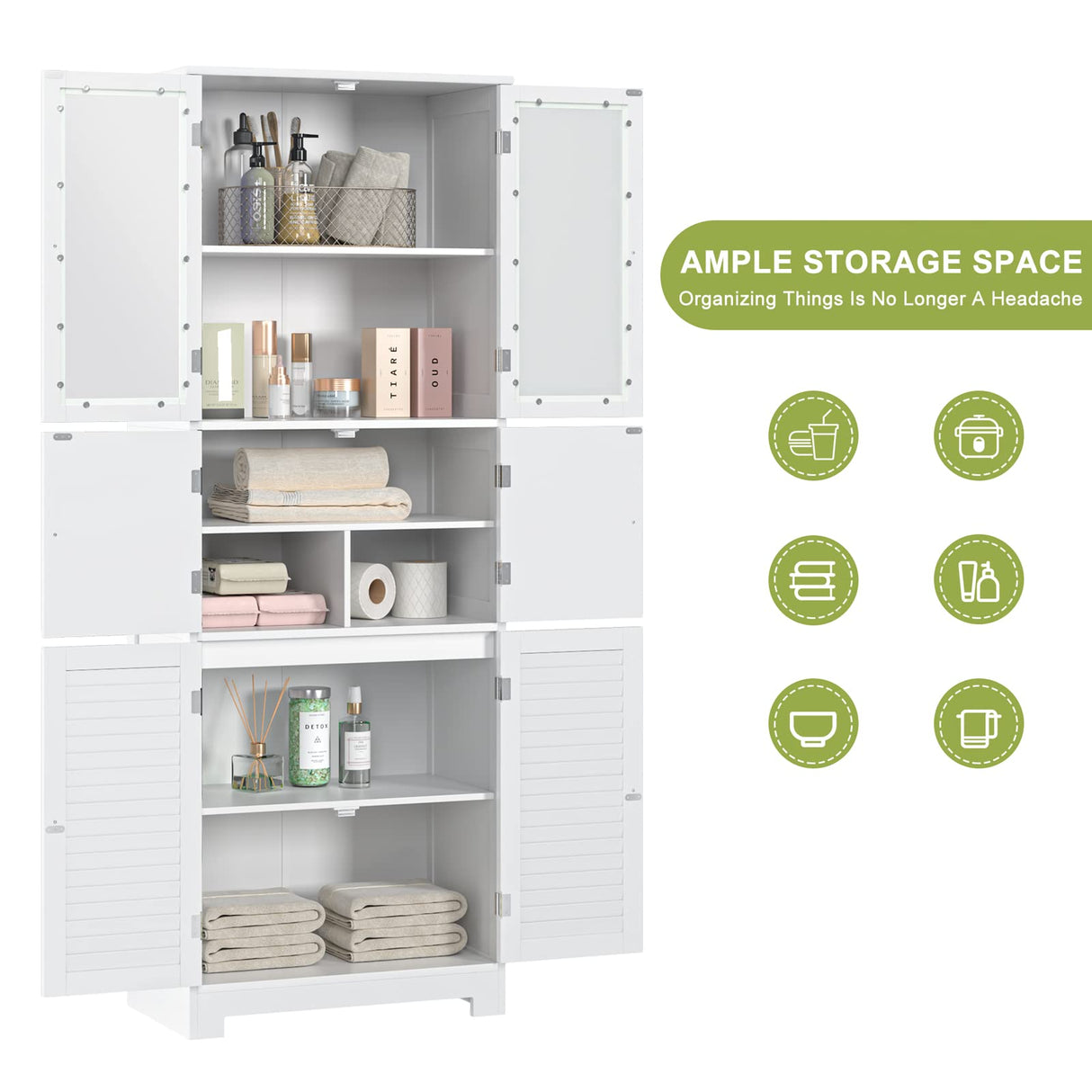 HOSTACK 67” Tall White Kitchen Pantry and Multi-Purpose Storage Cabinet with Glass Doors and Shelves HOSTACK