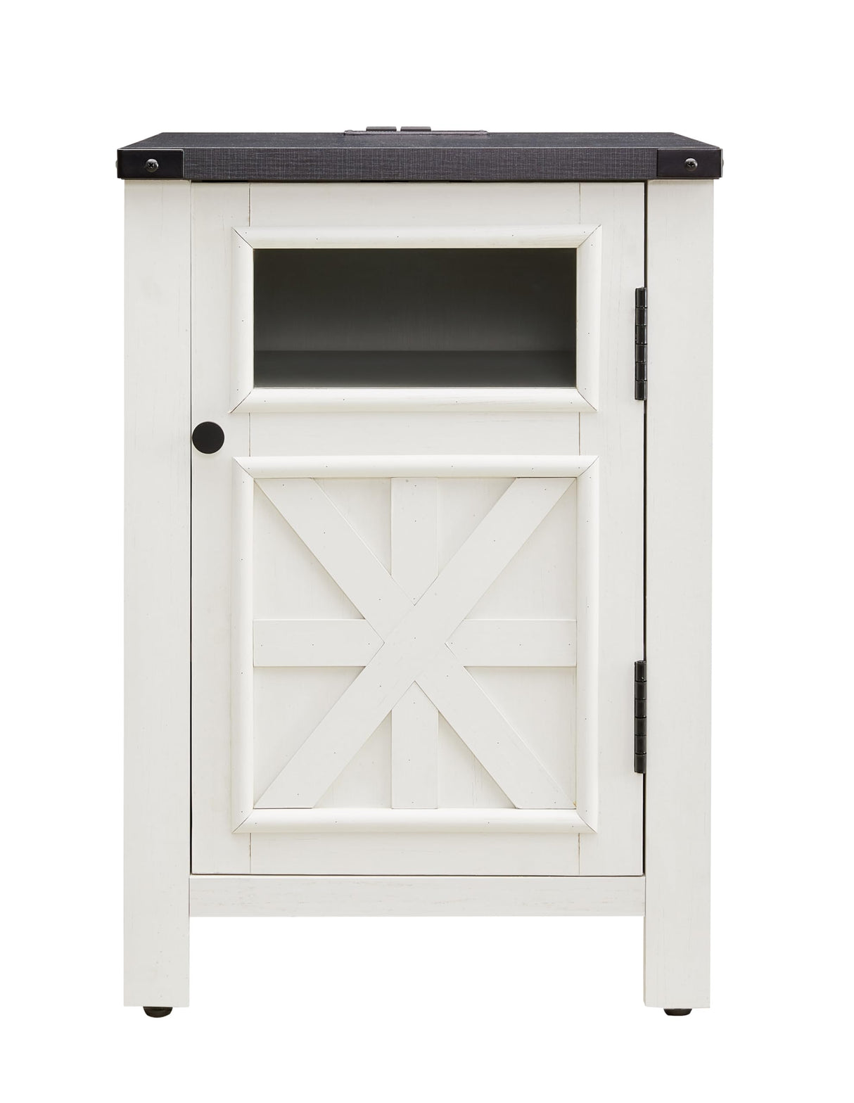 JXQTLINGMU Farmhouse End Table with Charging Station, 18'' Rustic Nightstand with Barn Door & Adjustable Shelf, Wooden Sofa Side Table with 3-Tier Storage for Living Room, Bedroom, White JXQTLINGMU