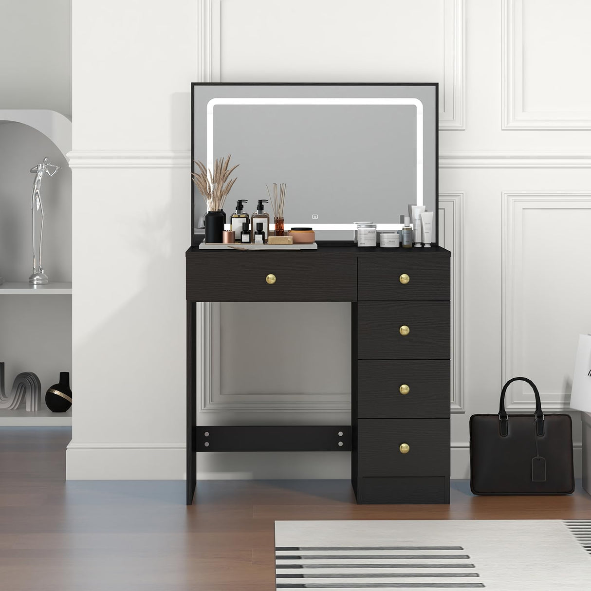 Makeup Vanity with Large Lighted Mirror, Vanity Desk with 5 Drawers Vanity Set with Power Outlet 3 Color Lighting Modes Dressing Table for Women Girls (Black) Panana