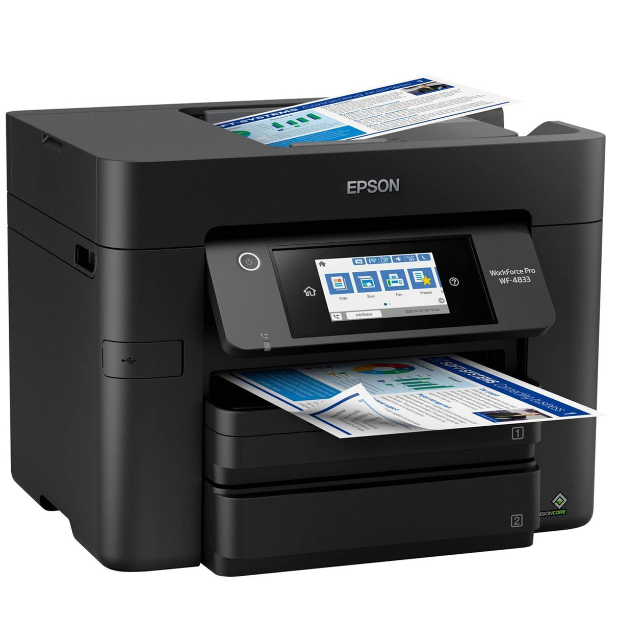 Epson Workforce Pro WF-4833 Wireless All-in-One Color Inkjet Printer, Black - Print Scan Copy Fax - 25 ppm, 4800 x 2400 dpi, 4.3" Touchscreen, Auto 2-Sided Printing, 50-Sheet ADF, 500-Sheet, Ethernet Epson