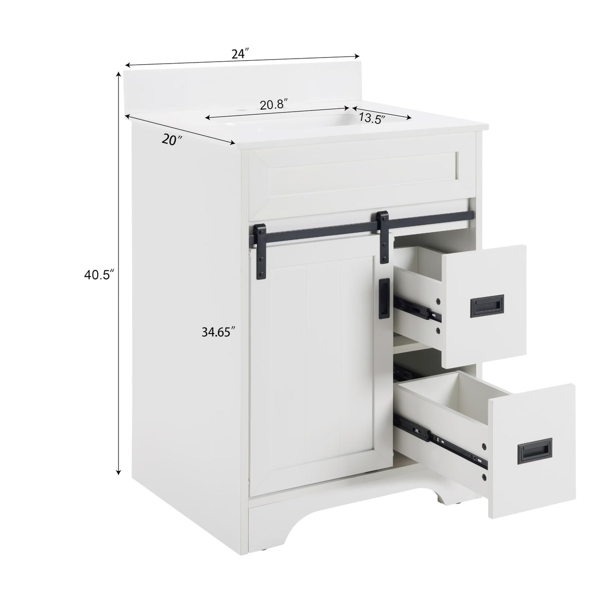 AOPNOMU 24’’ Inch White Bathroom Vanity Set - MDF+Metal Construction, with Sink,with Sliding Barn Doors and 2 Drawers, Freestanding Bathroom Vanities,White AOPNOMU