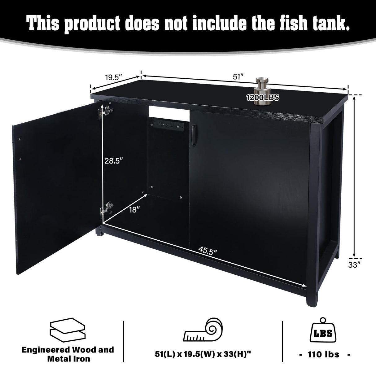 TC-HOMENY 55-75 Gallon Aquarium Stand with Charging Station, 1200lb Load Capacity, Metal Fish Tank Stand with Large Storage Cabinet and Cable Holes, 51" L x 19.5" W Tabletop, Fit for Living Room TC-HOMENY
